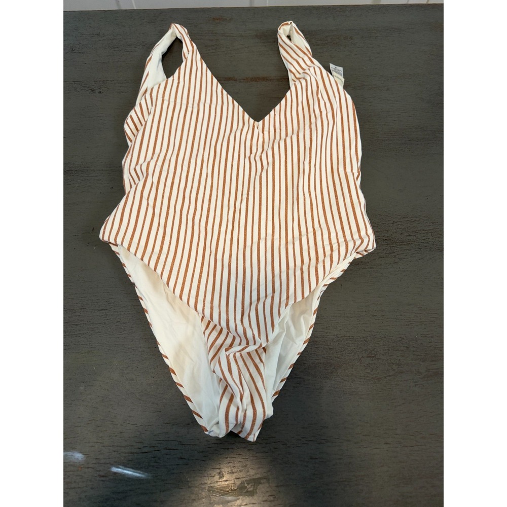 NEW white gold stripd   L SPACE one piece swimsuit size 12